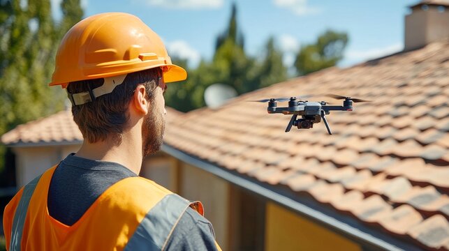 A construction worker monitors a drone flying over a roof, showcasing the integration of technology in the building industry.