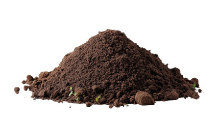 Pile of soil: A detailed high-angle close-up showcases a rich mound of dark soil, highlighting its organic composition and granular texture. 