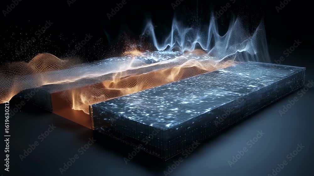 Poster orange and blue glowing energy particles flowing between two digital surfaces, creating a dynamic wa
