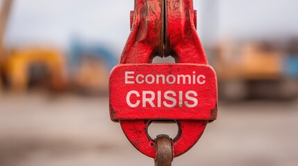 Economic crisis reflected in red hook imagery, symbolizing instability in construction projects.