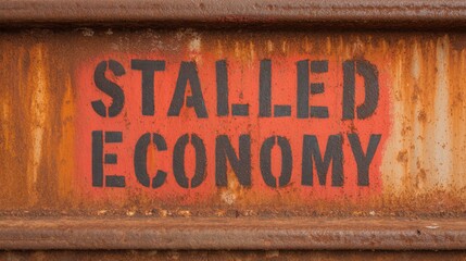 Impact of Economic Crisis on Construction Concepts. Rusty surface with bold text reading "STALLED ECONOMY" conveying themes of decay and economic stagnation.