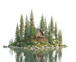 Obraz premium Wooden cabin on a secluded island in a forest