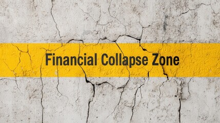 Impact of Economic Crisis on Construction Concepts. A weathered concrete wall displays a yellow warning stripe labeled "Financial Collapse Zone," suggesting caution regarding financial instability.
