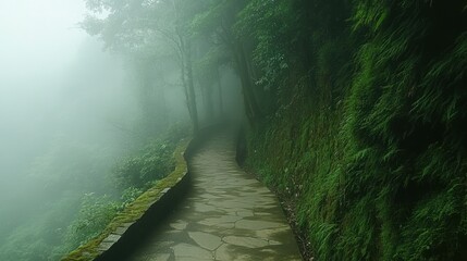 Fototapeta premium Misty mountain path winding through lush green foliage.