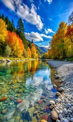 Obraz premium Vibrant autumn forest reflected in a clear, flowing river with colorful trees and blue sky