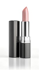 Obraz premium Elegant pink lipstick with black case and silver accent on white background