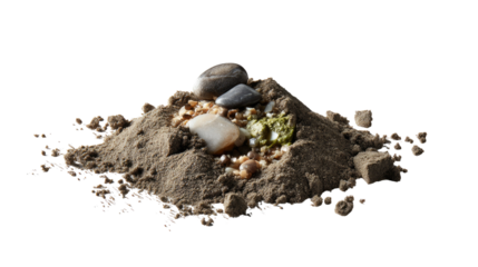 Earth Pile with Rocks: A close-up shot of an earthy pile, dotted with smooth rocks and grains, representing the raw, elemental beauty of nature and the foundations of the Earth.