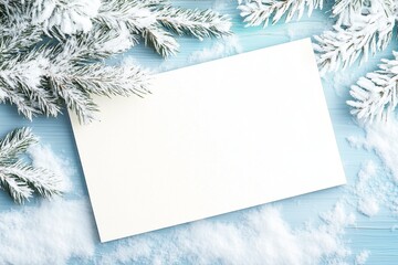 Blank card surrounded by snow and fir branches on a winter day