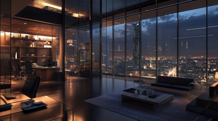 Luxurious penthouse office with city night view.