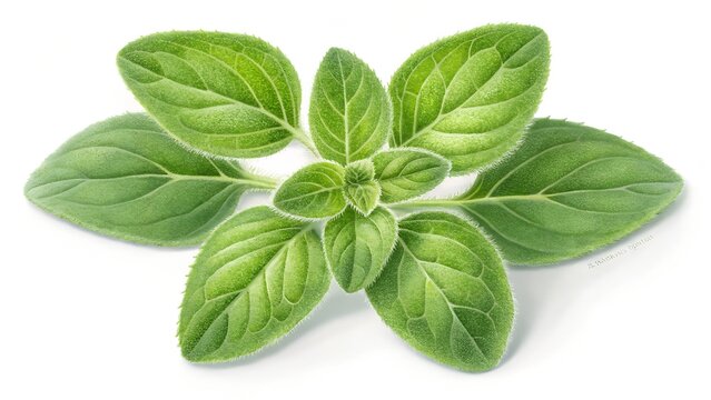 Fresh green oregano leaves isolated on white background, close-up view