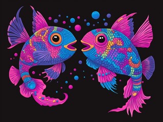 Vibrant underwater scene with playful fish in bright colors