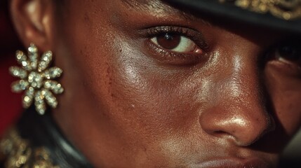 Close-up of a woman's eye with sparkling earring and detailed skin texture.