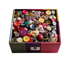 Colorful button collection display craft room product soft lighting top view isolated on transparent background, png