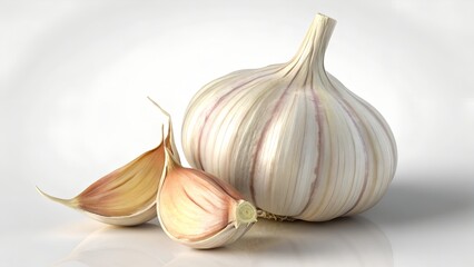 Fresh garlic bulb and cloves isolated on white background with soft lighting