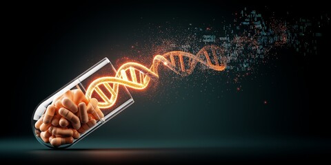 genome editing concept. Capsule releasing DNA strands and pills into the air.
