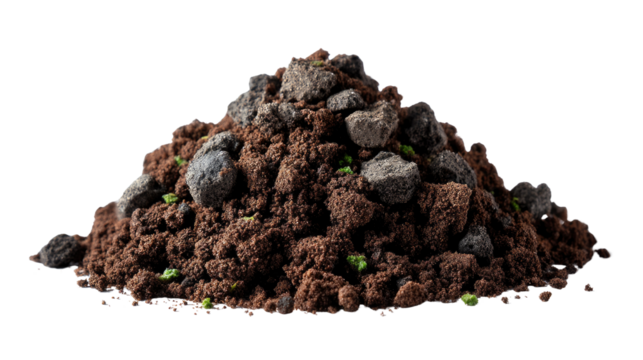 Pile of dark soil: An earthy composition of rich, dark soil speckled with small rocks, showcasing a textured landscape of natural elements.