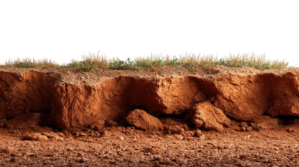 Soil layers revealing earth: A cross-section of the earth revealing layers of rich soil with a focus on the textures and structures of each layer and some grass growing on it.