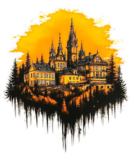 Small village on a hill with winding road, t-shirt design