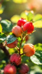 Closeup of ripe red berries on a branch in sunlight