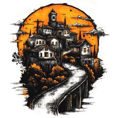 Small village on a hill with winding road, t-shirt design