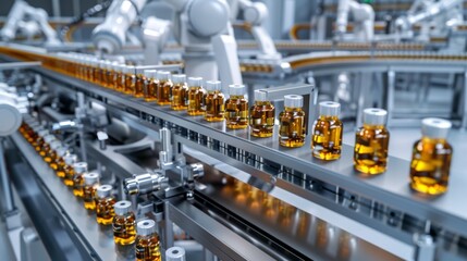 Robotic arms assembling medicine bottles on automated production line in factory.