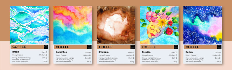 coffee label roast bean set art design illustration watercolor painting background brown modern vintage retro template cafe drink food icon logo sign symbol concept print banner bag package espresso
