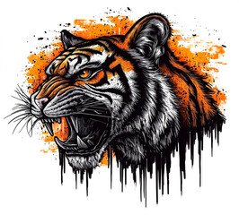 Tiger head illustration with vibrant colors and bold lines in close-up view