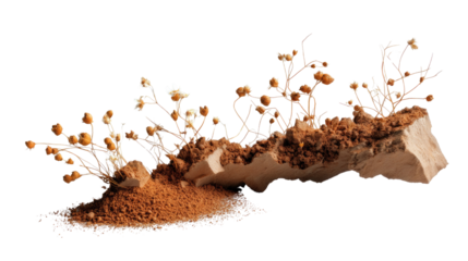 Arid Earth's Embrace: A compelling display of drought-resistant flora emerging from cracked earth and scattered soil