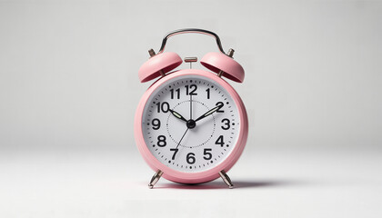 Pink alarm clock displaying time on white background  