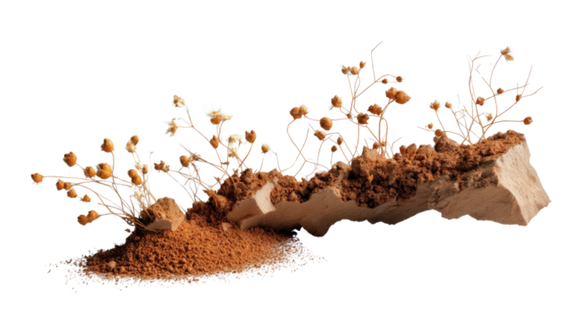 Arid Earth's Embrace: A compelling display of drought-resistant flora emerging from cracked earth and scattered soil