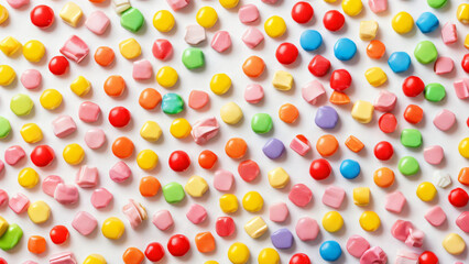 Candy pieces scattered across a soft white background