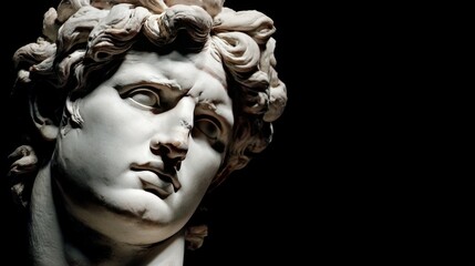 Classical marble statue head with dramatic lighting on black background.