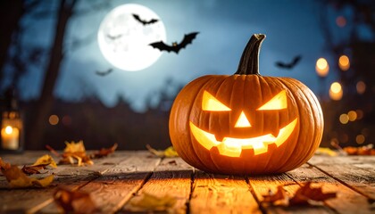 Jack-o'-lantern on wooden table, autumn leaves, full moon, bats