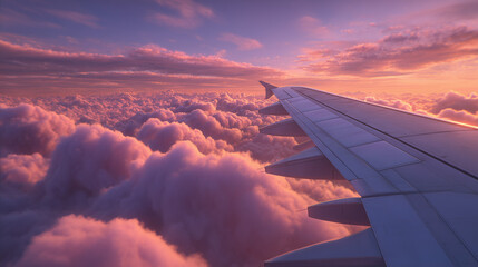 Scenic View from Airplane Window Above Cotton Candy Clouds at Sunset