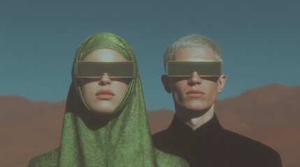 Futuristic fashion portrait of two models in desert with metallic sunglasses.