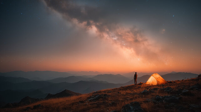 A person standing beside a glowing tent on a mountaintop during twilight, under a sky full of stars and the Milky Way , capturing the spirit of solitude and connection with nature.