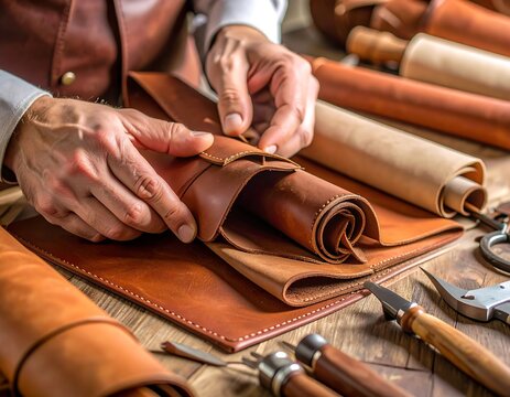 Leather craftsman working with hides - Powered by Adobe