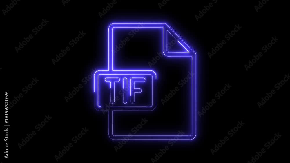 Poster glowing blue neon t i f file icon animation on black background futuristic digital document symbol a