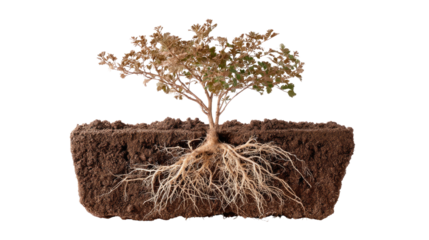 A Tree and Its Roots: A detailed view of a small tree with its intricate root system, planted in a section of soil, highlighting the delicate balance and interconnectedness of nature.