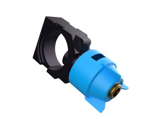 A detailed 3D render of a blue and black industrial nozzle with a brass component, designed for fluid applications. Isolated on a PNG Transparent HD Background for versatility and high resolution