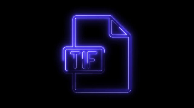 Glowing blue neon T I F file icon animation on black background futuristic digital document symbol abstract