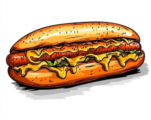 Hot dog illustration with lettuce and mustard on a white background