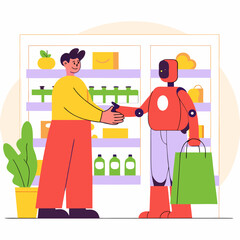 Shopper Interacting with AI Robot Assistant in Store