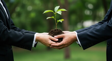 Two individuals in business attire collaboratively hold a young plant with soil, symbolizing shared environmental commitment