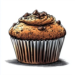 Delicious chocolate chip muffin illustration in vector-style on white background