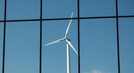 A wind turbine's clean lines are seen through the grid of a modern building's large glass windows