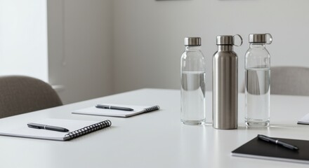 Reusable water bottles and notebooks neatly arranged on a clean, minimalist conference table
