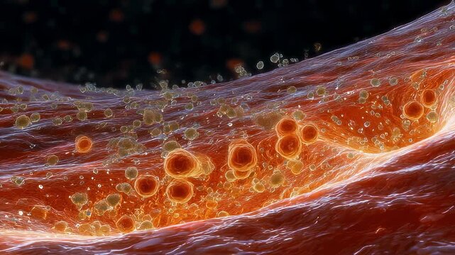 Highdetail digital render of infected meninges emitting heat waves surrounded by cerebrospinal fluid thickened with floating bacterial colonies.