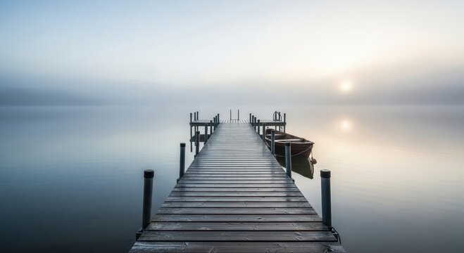 Fototapeta Wooden pier extending into a foggy lake at sunrise