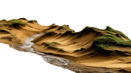 Desert Landscape: A captivating high-angle shot features a rugged desert landscape with rolling sand dunes and lush green patches. A winding stream of water cuts through the terrain.
